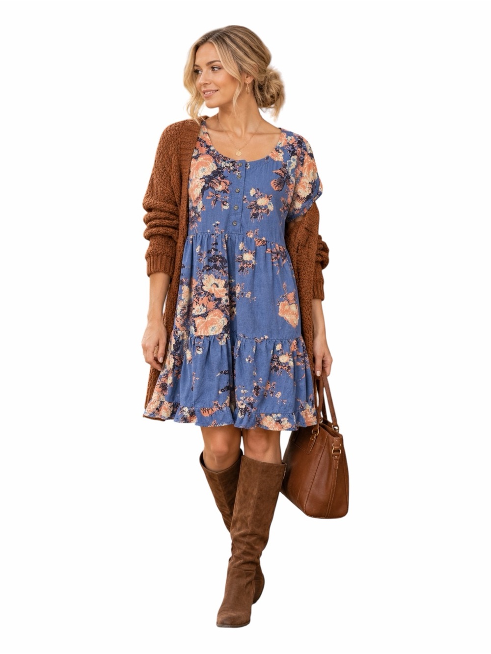 Free People Harper Floral Corduroy Mini Dress Blue Boho Size Small Petite
